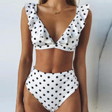 2020 Sexy Retro Cute V Neck White Black Polka Dot Ruffled Biquini Bathing Suit Cut High Waist Swimsuit Swimwear Women Bikini