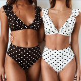 2020 Sexy Retro Cute V Neck White Black Polka Dot Ruffled Biquini Bathing Suit Cut High Waist Swimsuit Swimwear Women Bikini