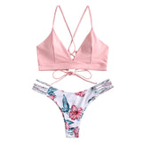 2020 Women Sexy Bikini Set Lace Up Floral Print Bandage Swimsuit Knitted Thong Brazilian Biquini swimwear Summer Beach Wear