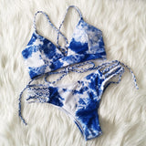 2020 Women Sexy Bikini Set Lace Up Floral Print Bandage Swimsuit Knitted Thong Brazilian Biquini swimwear Summer Beach Wear
