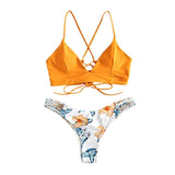 2020 Women Sexy Bikini Set Lace Up Floral Print Bandage Swimsuit Knitted Thong Brazilian Biquini swimwear Summer Beach Wear