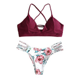 2020 Women Sexy Bikini Set Lace Up Floral Print Bandage Swimsuit Knitted Thong Brazilian Biquini swimwear Summer Beach Wear
