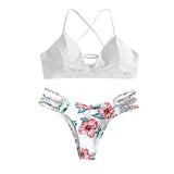 2020 Women Sexy Bikini Set Lace Up Floral Print Bandage Swimsuit Knitted Thong Brazilian Biquini swimwear Summer Beach Wear