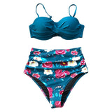 CUPSHE Blue Floral Print Bikini Set Women Heart Neck Push Up High-waisted Two Pieces Swimwear 2020 Beach Bathing Suits Swimsuits