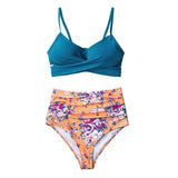 CUPSHE Blue Floral Print Bikini Set Women Heart Neck Push Up High-waisted Two Pieces Swimwear 2020 Beach Bathing Suits Swimsuits