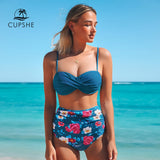CUPSHE Blue Floral Print Bikini Set Women Heart Neck Push Up High-waisted Two Pieces Swimwear 2020 Beach Bathing Suits Swimsuits