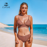 CUPSHE Brown Lace-Up Bikini Sets Women Triangle Mid Waist Two Pieces Swimsuits 2020 Girl Plain Beach Bathing Suit Swimwear