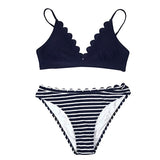 CUPSHE Cute Black Scalloped and Stripe Bikini Sets 2020 Women Solid Mid -waist Two Pieces Beach Bathing Suits Swimwear