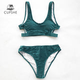 CUPSHE Green Emerald Velvet Solid Bikini Set Women Cutout Backless Two Pieces Swimwear 2020 Girl Beach Bathing Suit Swimsuits