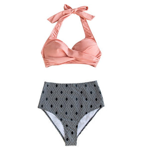 CUPSHE Pink Twisted Halter Bikini With Geometric Print High-waisted Sexy Lace Two Pieces Swimwear Women 2020 Beach Bathing Suits
