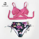 CUPSHE Pink and Floral Print Bikini Sets Sexy Lace Up Padded Cups Swimsuit Two Pieces Swimwear Women 2020 Beach Bathing Suits