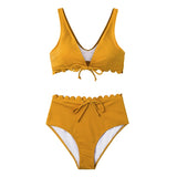 CUPSHE Sexy Yellow Tie-Front Scalloped Bikini Sets Women High Waist Solid Two Pieces Swimsuits 2020 Girl Beach Bathing Suits