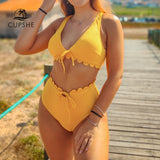CUPSHE Sexy Yellow Tie-Front Scalloped Bikini Sets Women High Waist Solid Two Pieces Swimsuits 2020 Girl Beach Bathing Suits