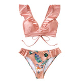 CUPSHE Tropical Pink Ruffle Bikini Sets Women Sexy Lace Up Low-waist Swimsuit Two Pieces Swimwear 2020 Beach Bathing Suits