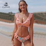 CUPSHE Tropical Pink Ruffle Bikini Sets Women Sexy Lace Up Low-waist Swimsuit Two Pieces Swimwear 2020 Beach Bathing Suits
