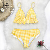 CUPSHE Yellow Gingham Ruffled Bikini Sets Women Sweet Two Pieces Swimsuits 2020 Girl Beach Bathing Suits Swimwear