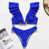 Peachtan Vintage solid white bikini set 2020 Ruffle swimsuit female Belt swimwear women Push up bikini Bathers bathing suit new