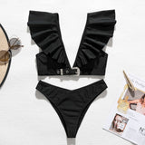 Peachtan Vintage solid white bikini set 2020 Ruffle swimsuit female Belt swimwear women Push up bikini Bathers bathing suit new