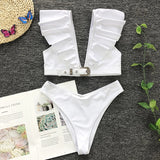 Peachtan Vintage solid white bikini set 2020 Ruffle swimsuit female Belt swimwear women Push up bikini Bathers bathing suit new