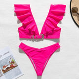 Peachtan Vintage solid white bikini set 2020 Ruffle swimsuit female Belt swimwear women Push up bikini Bathers bathing suit new