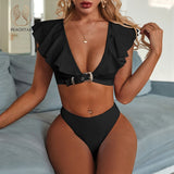 Peachtan Vintage solid white bikini set 2020 Ruffle swimsuit female Belt swimwear women Push up bikini Bathers bathing suit new