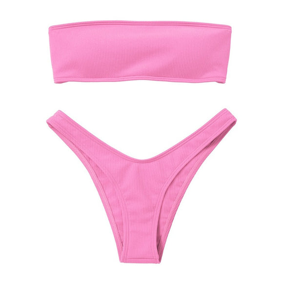 Women Adjustable Back Lace-up Bandeau Bikini Off Shoulder Bikini Set Ribbed Swimsuit Female Swimwear Sexy Pink Bathing Suit