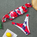 Women's Bikini 2020 Red Flower Bandeau Bikini Push Up Off Shoulder Thong Mini Biquini Swimsuit Female Beach Split Bathing Suit