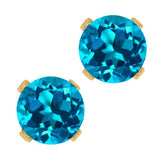 GemStoneKing Real 14K Yellow Gold Fine Jewelry 1.10 Ct 5mm Round Natural London Blue Topaz  4-prong Stud Earrings For Women
