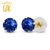 GemStoneKing Real 14K Yellow Gold Jewelry 1.44 Ct 5mm Round Blue Natural Sapphire 4-prong Wedding Stud Earrings For Women