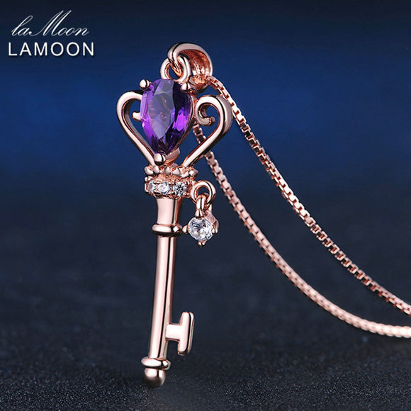 LAMOON Crown Key Pendant Necklace 6x4mm 0.4ct Natural Teardrop Amethyst 925 Sterling Silver Jewelry Rose Gold Color S925 LMNI004