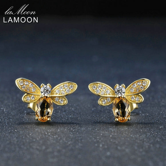 LAMOON Bee 5x7mm 1ct 100% Natural Citrine 925 sterling-silver-jewelry 14K Yellow Gold Plated Stud Earring S925 LMEI041