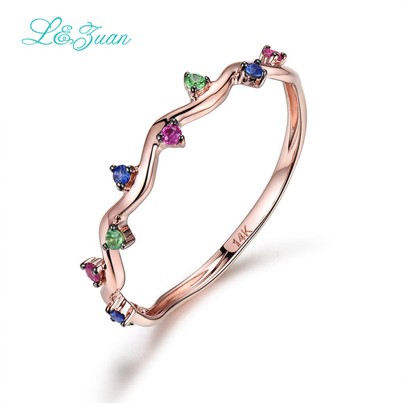 L&Zuan 14K Rose Gold Colorful Gemstone Rings For Women Ruby Jewelry Trendy Triangle Ring Fine Jewelry Simple Accessories 0009