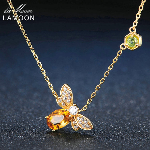 LAMOON Bee 5x7mm 1ct 100% Natural Citrine 925 Sterling Silver Jewelry 14K Yellow Gold Plated Chain Pendant Necklace S925 LMNI015