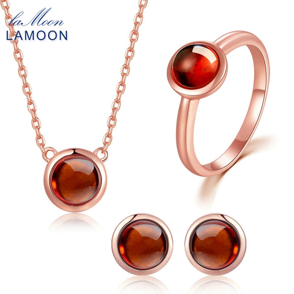 LAMOON 18K Rose Gold 925 Sterling Silver Jewelry Jewelry Set 100% Natural Round Red Garnet Necklace Earrings Ring Set V034-1