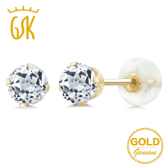 GemStoneKing Real 10K Yellow Gold Luxury Vintage Jewelry For Women 1.20 Ct 5mm Round Natural White Topaz Stud Earrings
