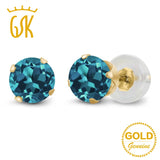 GemStoneKing Real 14K Yellow Gold Fine Jewelry 1.10 Ct 5mm Round Natural London Blue Topaz  4-prong Stud Earrings For Women