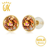 GemStoneKing 1.90 Ct Round 6mm Natural Ecstasy Mystic Topaz 14K Yellow Gold Stud Earrings Women Fine Jewelry