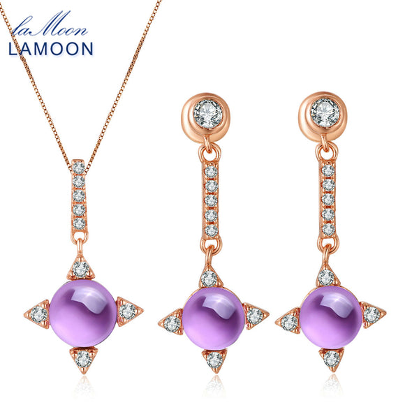 LAMOON S925 Fine Jewelry Set Cross star 2.2ct Natrual Amethyst  sterling-silver-jewelry  Necklace Earring Women V009-2