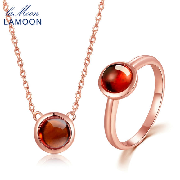 LAMOON 925 Sterling Silver Jewelry Sets 18K Rose Gold 100% Natural Round Red Garnet S925 Wedding Jewelry Set for Women V034-3