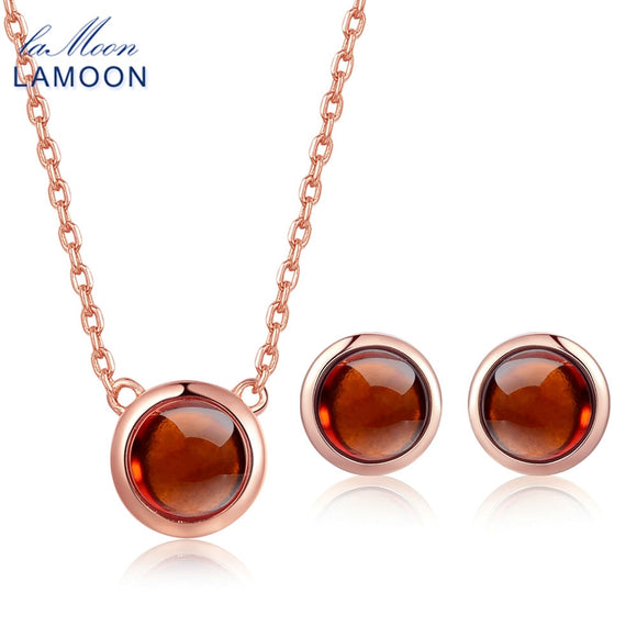 LAMOON Rose Gold S925 Jewelry Set 100% Natural Round Orange Red Garnet 925 Sterling Silver Jewelry Necklace Earrings Set V034-2
