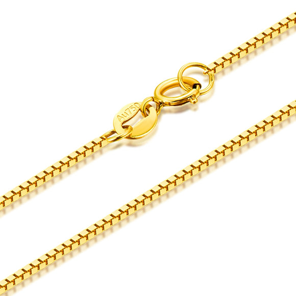 RINYIN Fine Jewelry Genuine 18K Yellow Gold Necklace Pure AU750 Square Box Chain 16