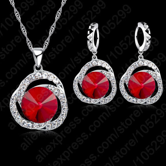 Jemmin Charm Women Red Crystal Pendants Necklace Earrings Set Gift Bridal Wedding 925 Sterling Silver Jewelry Sets Accessory