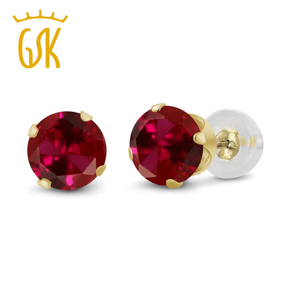 GemStoneKing Ruby Jewelry 1.20 Ct Round 5mm Red Created Ruby 14K Yellow Gold Stud Earrings For Women