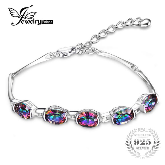 JewelryPalace Luxury Fashion 6ct Concave Oval Genuine mystic Rainbow Topaz Bracelet 925 Silver Jewelry Bracelets For Women Gifts