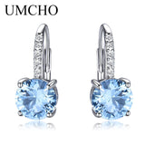 UMCHO Real 925 Sterling Silver Clip Earrings For Women Gemstone Sky Blue Topaz Female Earrings Round Wedding Valentine's Jewelry