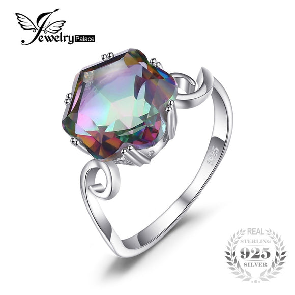 JewelryPalace 3.2ct Genuine Rainbow Fire Mystic Topaz Ring Solid 925 Sterling Silver Jewelry Ring Sets Gifts Women New Sale