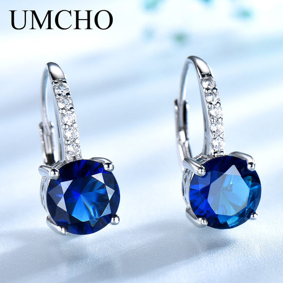 UMCHO 100% Real Silver 925 Jewelry Round Created Nano Sapphire Clip Earrings For Women Party Fashion Gift Charms Fine Jewelry
