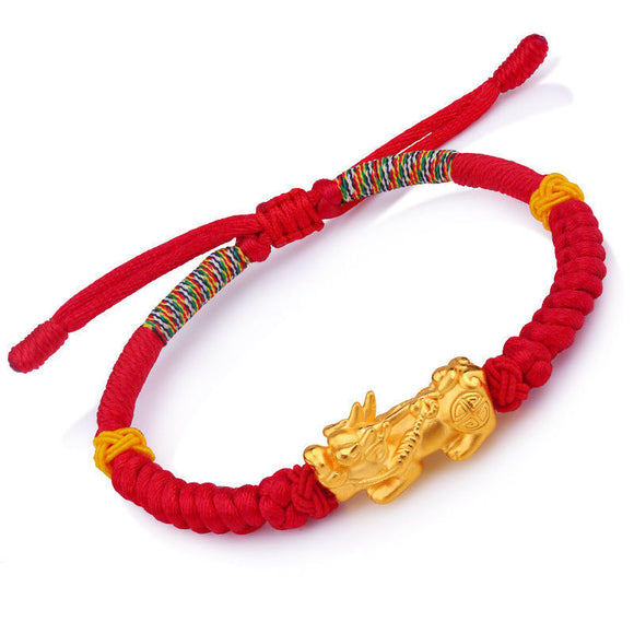 Solid 24k Yellow Gold Bracelet Bless Pixiu Bless Red Cord KnittedBracelet