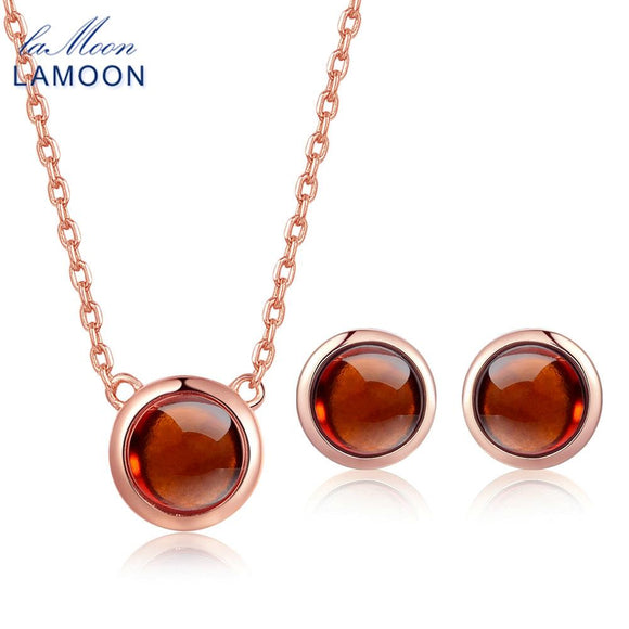 LAMOON 6mm 1.2ct 100% Natural Round Orange Red Garnet 925 Sterling Silver Jewelry  S925 Jewelry Set V034-2