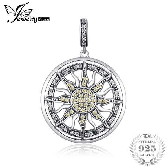 JewelryPalace 925 Sterling Silver Yellow And White Cubic Zirconia Celestial Sun Pendant Charm Fit Bracelets For Women As Gifts